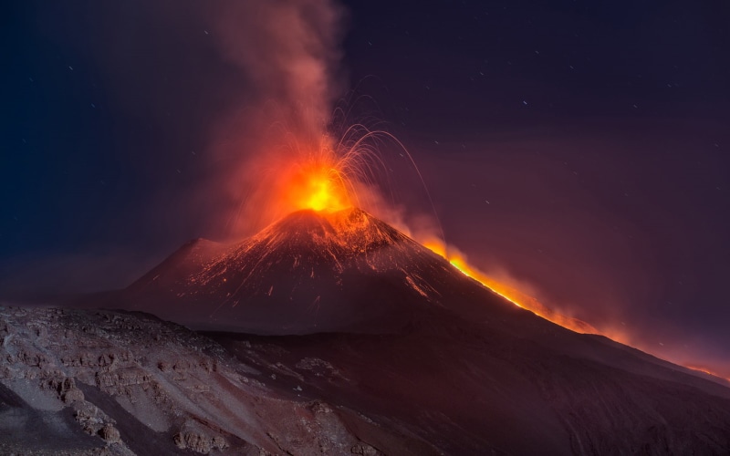 eruption, stars, nature, hd, mountain, 1080P, volcano, night, lava