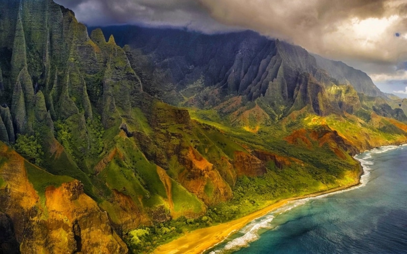 Hawaii, landscape, Aerial View, 720P, clouds, Coast, cliff, sea, beach, Kauai, mountains, nature, island