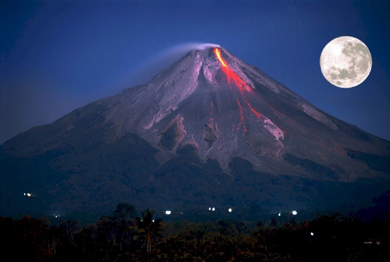 scenics - nature, nature, peak, active volcano, land, indonesia, mountain peak, snowcapped mountain, mt Fuji, night, sky, erupting, mountain, travel destinations