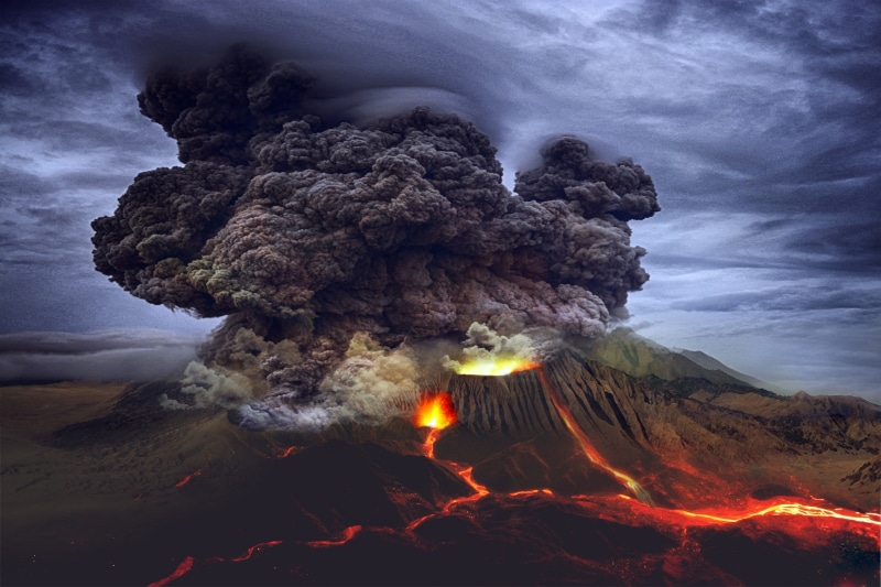 landscape, volcanic crater, sky, 5K, active volcano, heat - temperature, beauty in nature, outdoors, erupting, nature, mountain, lava, environment, smoke - physical structure