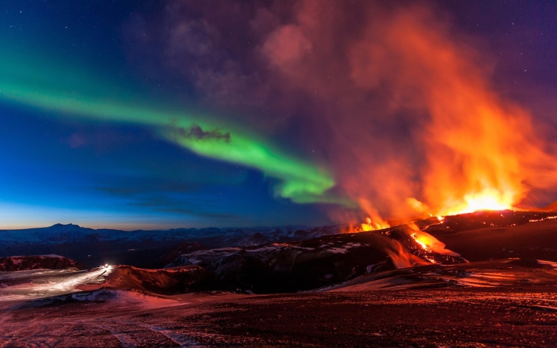 Iceland, Lights, Northern, Fimmvorduhals, Volcanic, Eruption, Mountains, 1080P