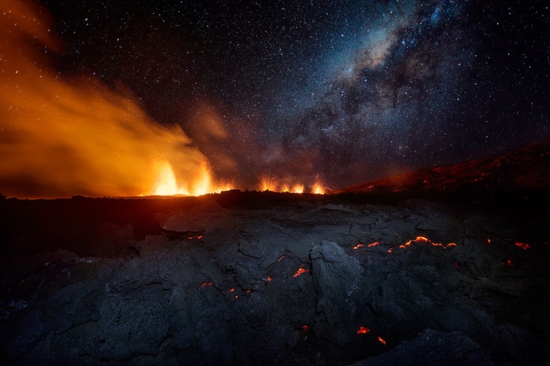 1080P, lava, rocks, night, eruption, sky, island, volcano, fire, smoke, landscape