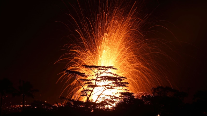mountain, outdoors, Kilauea, silhouette, exploding, motion, trees, warning sign, long exposure, volcanic crater, heat - temperature, event, 720P, black background