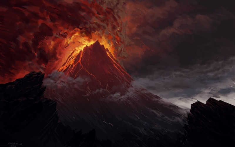 night, mountain, tranquil scene, geology, beauty in nature, The Lord Of The Rings, outdoors, formation, artwork, 1080P, Lava, sunset, volcano, erupting