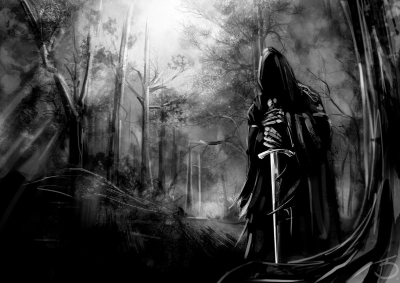 The Lord of the Rings, tranquility, hairstyle, Nazgûl, full length, evil, tree, forest, 2K, portrait, digital composite, nature, plant, dark