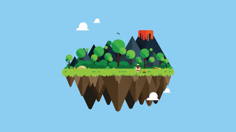 1080P, no people, reflection, floating on water, copy space, minimalism, floating island, leaf, monkey, gray, clear sky, environment, tree, island, design