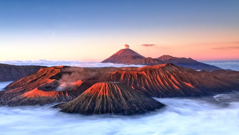 nature, aerial, sky, smoke - physical structure, land, travel destinations, beauty in nature, clouds, photo, volcano, travel, twilight, scenics - nature