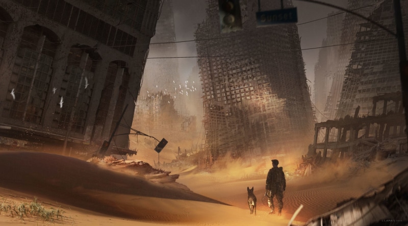 Fallout, architecture, mode of transportation, dust, transportation, lifestyles, brown, near, digital art, sand, outdoors, 1080P, sport, artwork