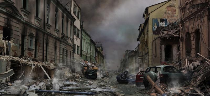 motor vehicle, obsolete, messy, construction machinery, artwork, day, collapsing, demolished, nature, transportation, destruction, city, damaged, ruined