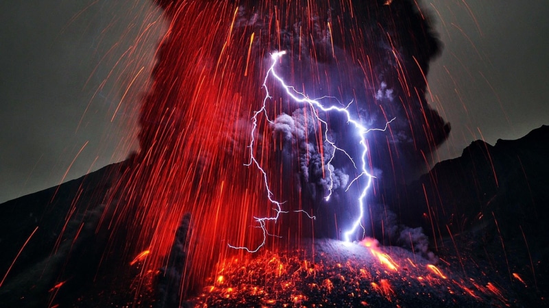 volcano, landscape, smoke, 1080P, long exposure, eruption, lightning, volcanic eruption, nature, lava, Hawaii, USA