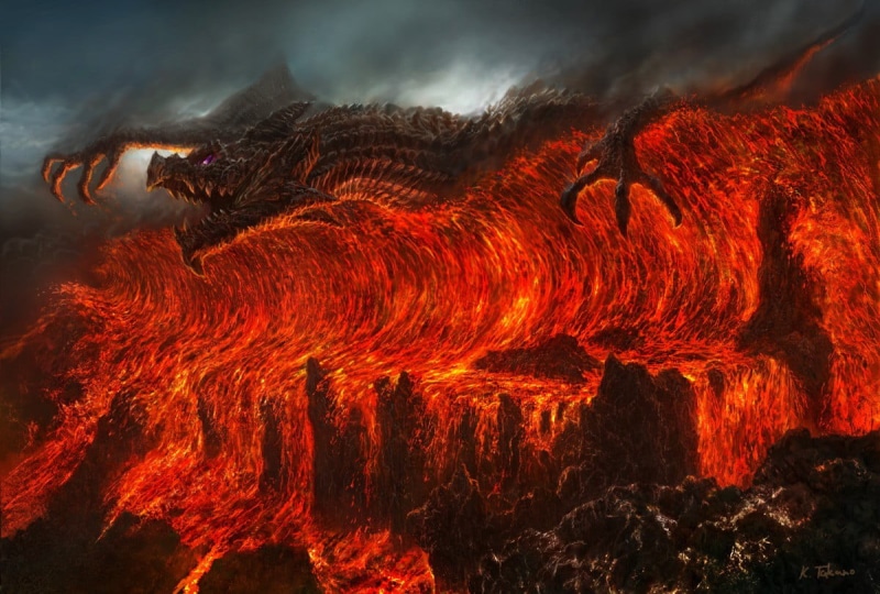 nature, lava, water, environment, accidents and disasters, red, island, motion, flowing, active volcano, power in nature, land, erupting, painting, power