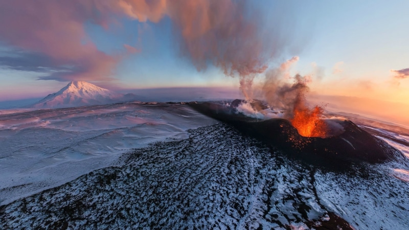 Kamchatka, sunset, 1080P, winter, smoke, Russia, mountains, lava, snow, aerial view, volcano, nature, clouds, eruption, landscape