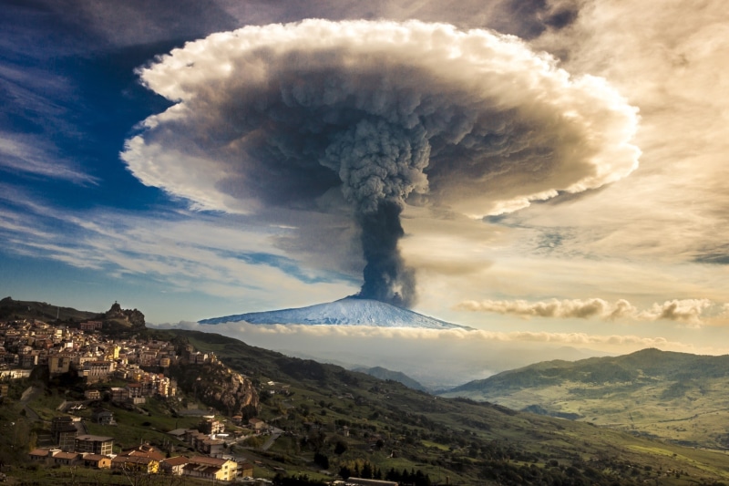 nature, mushroom, mountains, volcano, sky, Etna, town, clouds, Italy, snowy peak, smoke, Sicily, eruption, 1080P