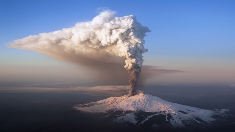 Italy, snowy peak, aerial view, clear sky, clouds, landscape, snow, Sicily, lava, mountains, nature, winter, forest, sky, volcano, smoke, 1080P, Etna