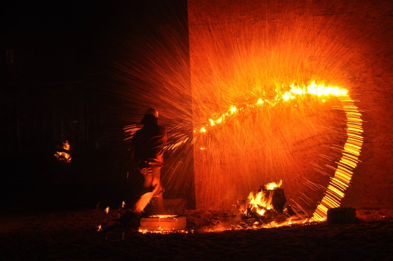 hot, casting, 4K, motion, night, communication, orange color, event, fire, glowing, metal, man, orange, sign, burning, foundry, building, steel, heat - temperature
