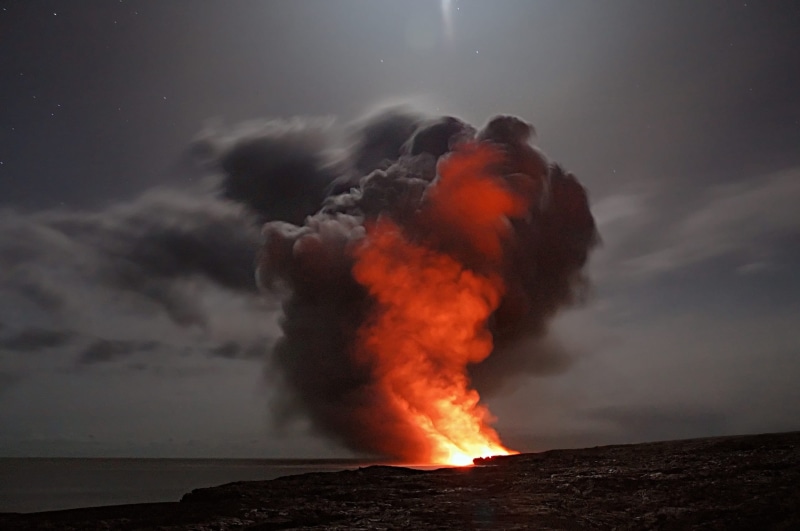 hawaiian, power, ocean, active, sea, night, flame, sign, cloud - sky, dangerous, outdoors, natural disaster, island, mountain, smoke, sky, heat, disaster