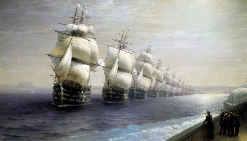 digital composite, day, galleon, sea, Ivan Konstantinovich Aivazovsky, sailboat, classic art, transportation, architecture, reflection, painting, nature