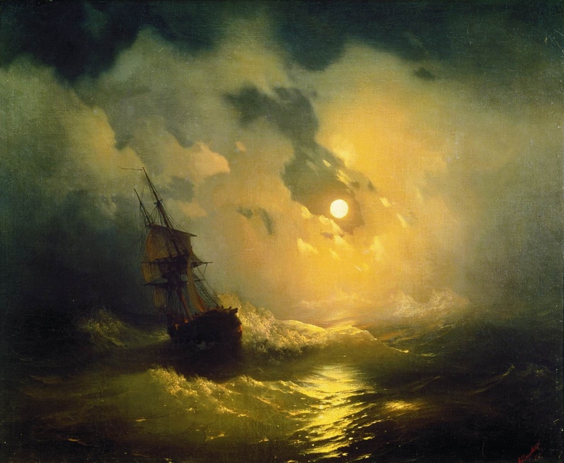 sea, waves, 720P, night, Ivan Aivazovsky, ship, classical art, Ivan Aivazovski