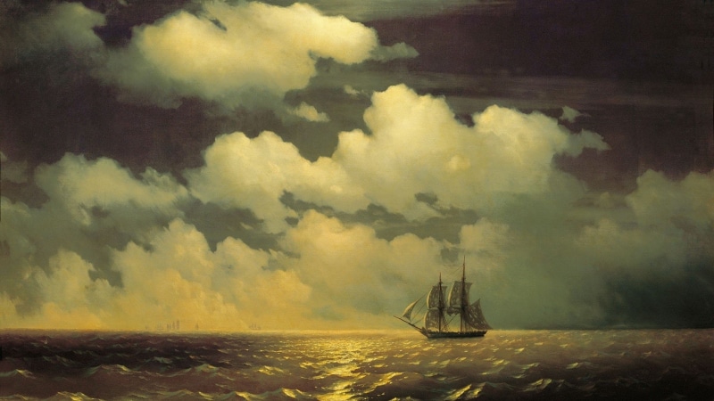 Classical art, water, Horizon, 1080P, waves, Sailing Ship, painting, sea, artwork, ivan konstantinovich aivazovsky, Ivan Aivazovsky, clouds