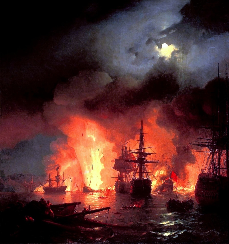 Ivan Konstantinovich Aivazovsky, burning, painting, battle of chesme, Ivan Aivazovsky, battle painting, oil painting, 1080P, battle, ship