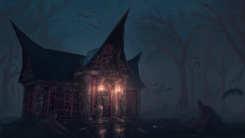 house, forest, dead trees, concrete, nighttime, artwork, painting, 2K, gray
