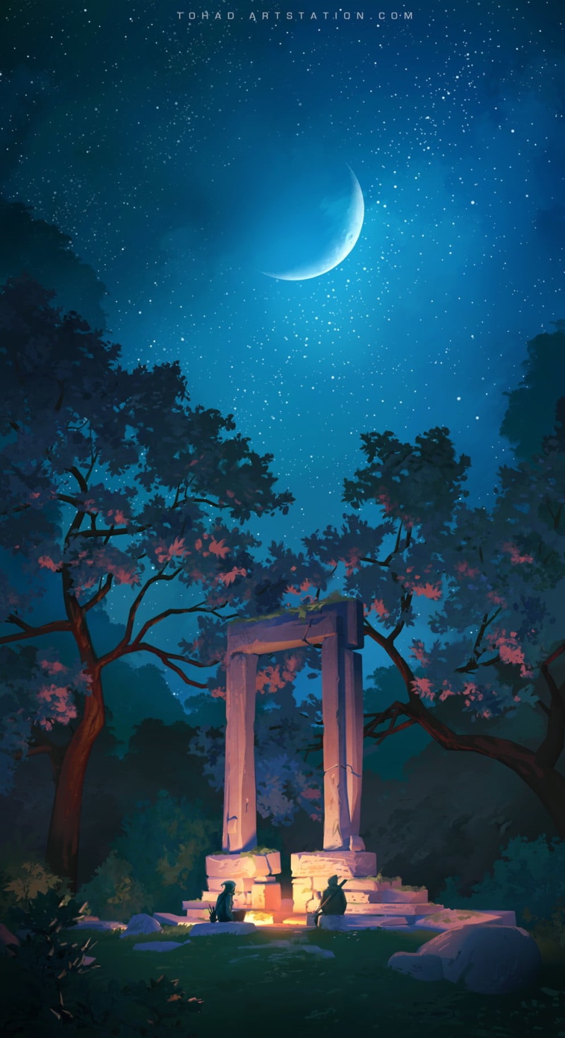 tree, illuminated, outdoors, belief, built structure, building exterior, anime, sky, stone, nature, plant, religion, architecture, hunters, space