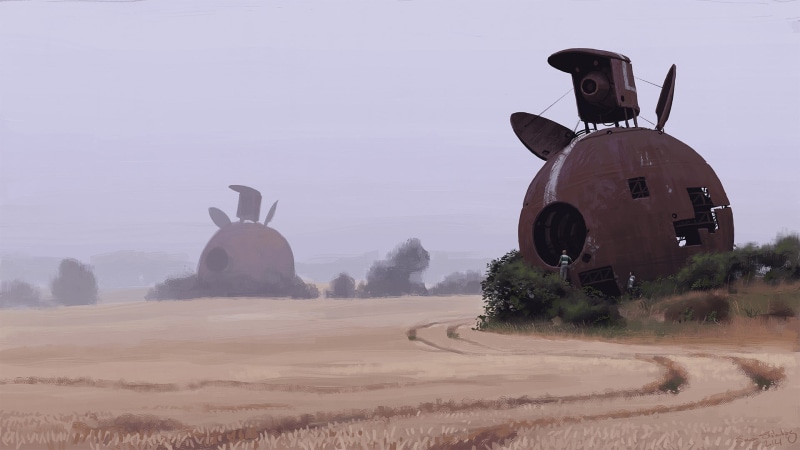 metal, no people, the past, nature, drawing, 1080P, art and craft, Simon Stålenhag, outdoors, black, clear sky, history, futuristic, sky, beauty in nature
