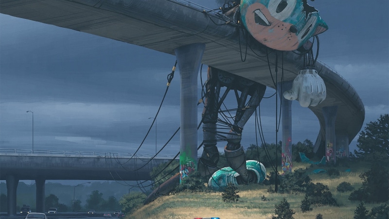people, futuristic, sky, built structure, architecture, mascot, day, artwork, highway, transportation, outdoors, cloud - sky, construction site