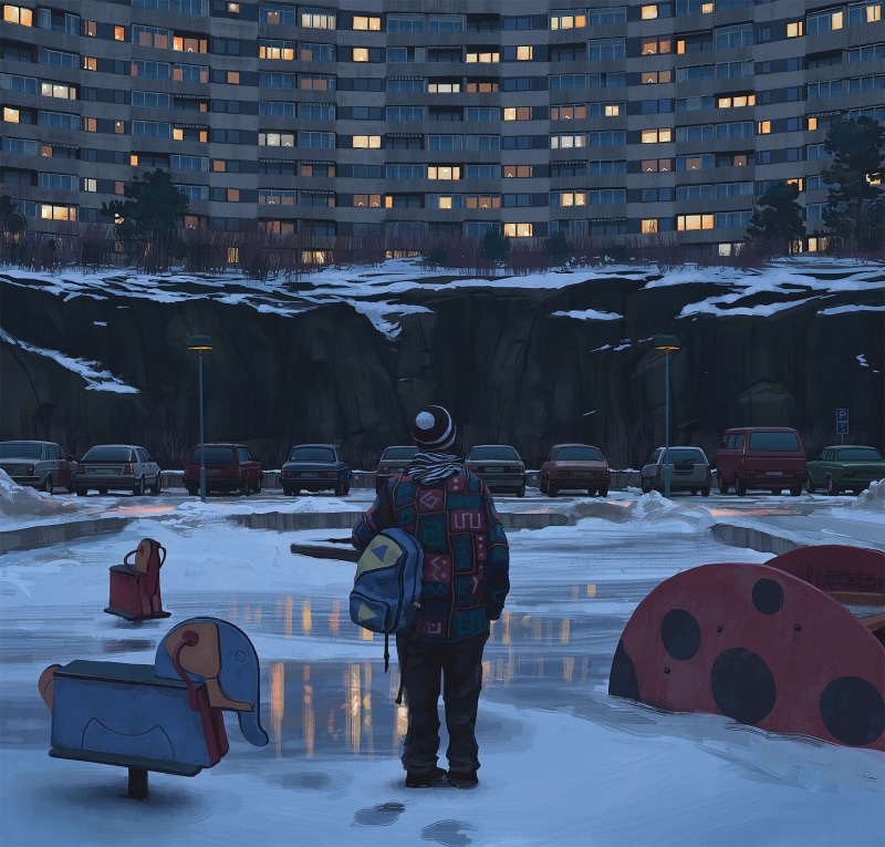 Simon Stålenhag, outdoors, transportation, land vehicle, one person, artwork, building exterior, built structure, uniform, real people, men, covering, snow