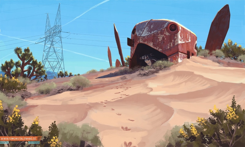 transportation, plant, arid climate, cable, sunlight, sand, Simon Stålenhag, no people, artwork, technology, nature, electricity, deterioration, damaged