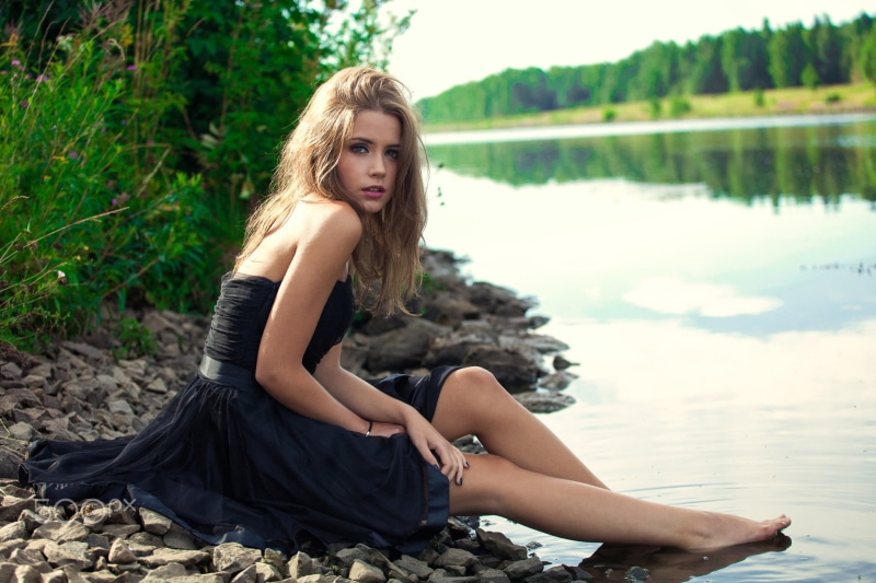 leisure activity, lake, hair, fashion, river, full length, dress, hairstyle, blonde, water, beauty, riverside, black, looking at camera, barefoot, Ksenia Kokoreva