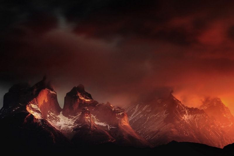 mountains, 720P, landscape, snowy peak, orange, nature, Patagonia, Chile, red, clouds, Torres del Paine