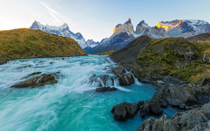 snowcapped mountain, sky, tranquility, Chile, Torres del Paine, beauty in nature, turquoise, idyllic, mountain, mountains, tranquil scene, nature, non-urban scene
