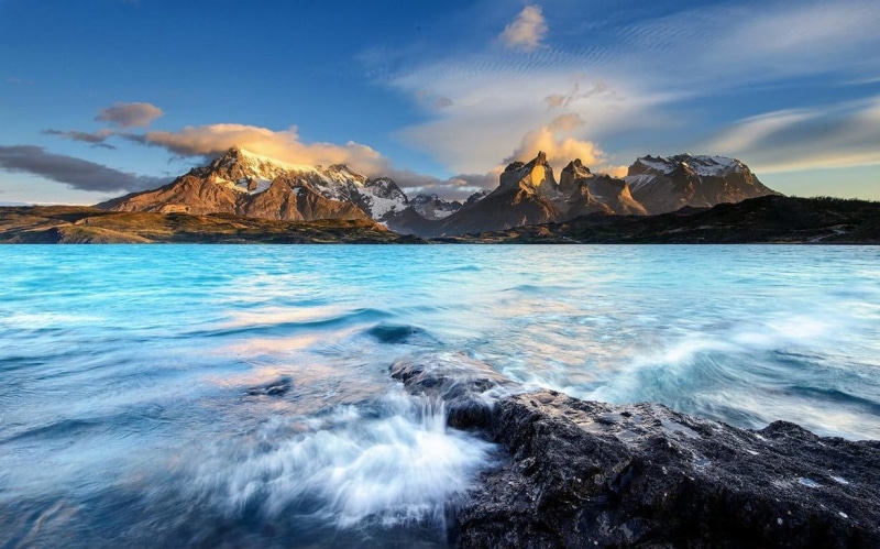 landscape, saturated, sea, long exposure, no people, rock - object, sky, outdoors, snowy peak, nature, clouds, blurred motion, lake, mountain, Chile, high