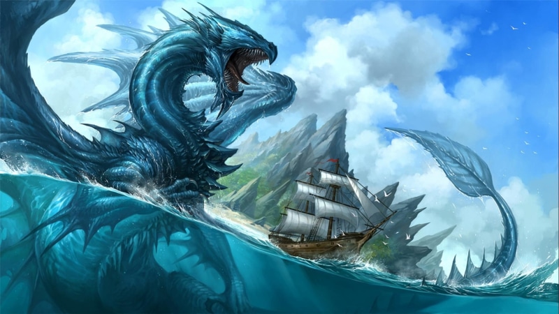 clouds, sea, claws, 1080P, wings, spikes, sea-dragon, fangs, dragon, mountains, attacking, ship