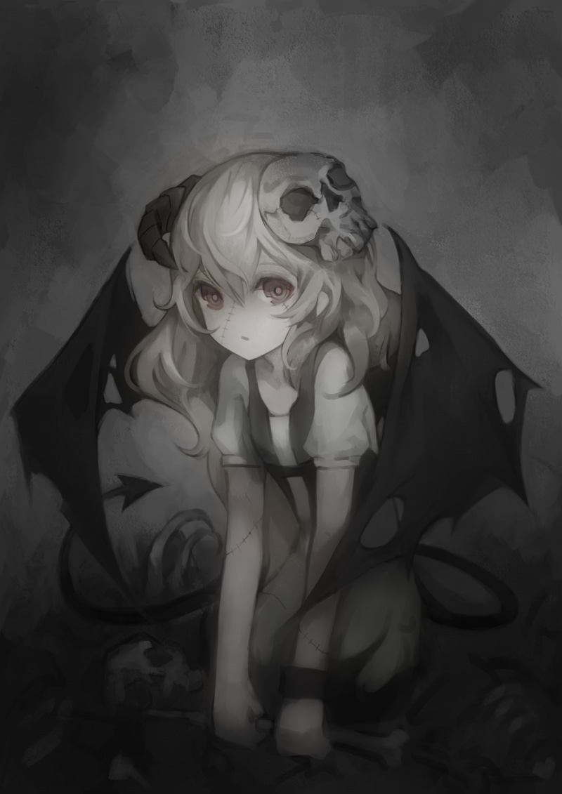 monochrome, skull, wings, 720P, skull and bones, demon, tail, red eyes, horns