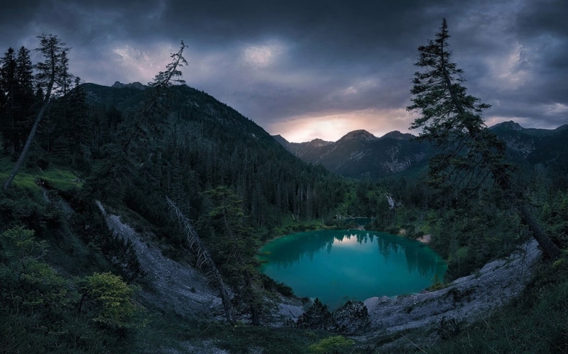 no people, calm, pine tree, clouds, surrounded, tranquility, forest, coniferous tree, travel destinations, plant, Austria, outdoors, tree, mountains, beauty in nature