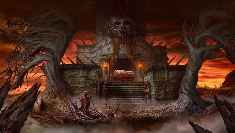grim reaper, Symmetry, digital art, stairs, Tormentum, 1080P, fantasy Art, boat, Dark Sorrow, mist, Altar, Dead Trees, video games, Temple, Trees