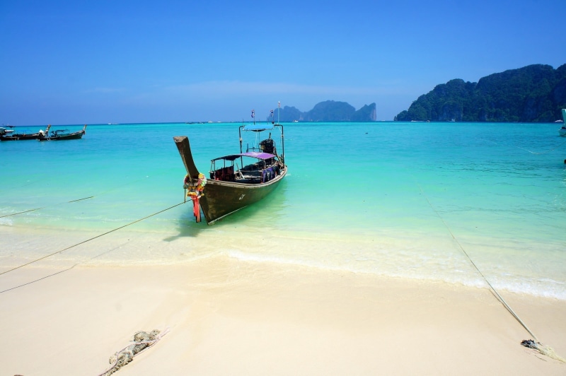 land, beach, transportation, black, nautical vessel, horizon over water, tranquil scene, 1080P, outdoors, sand, boat, blue, scenics - nature, island, Thailand