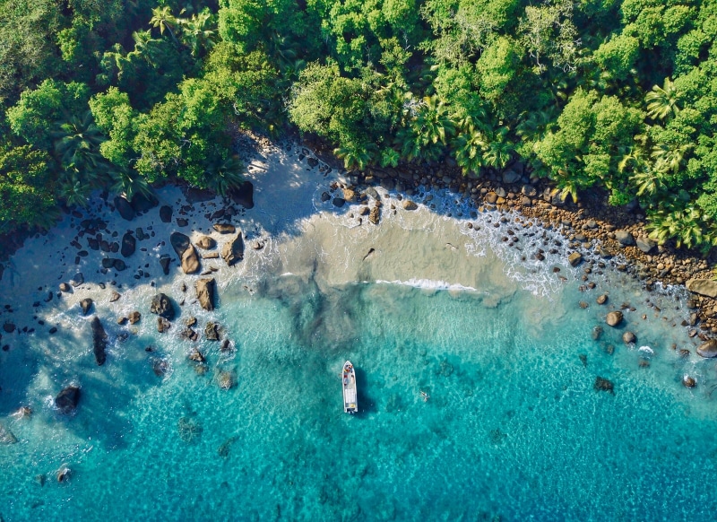 Beach, Silhouette Island, Aerial view, Seychelles, 4K, 4K