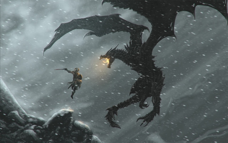animal, 1080P, full length, sport, black, water, horror, cold - Temperature, reflection, jumping, The Elder Scrolls V: Skyrim, nature, people, dragon