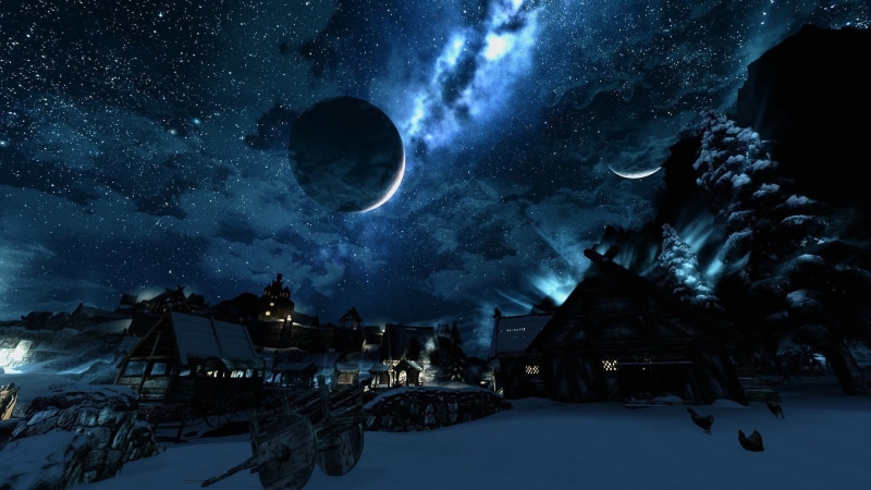 sky, d, poster, The Elder Scrolls V: Skyrim, astronomy, star - space, moon, night, moonlight, illuminated, tree, scenics - nature, built structure, winter