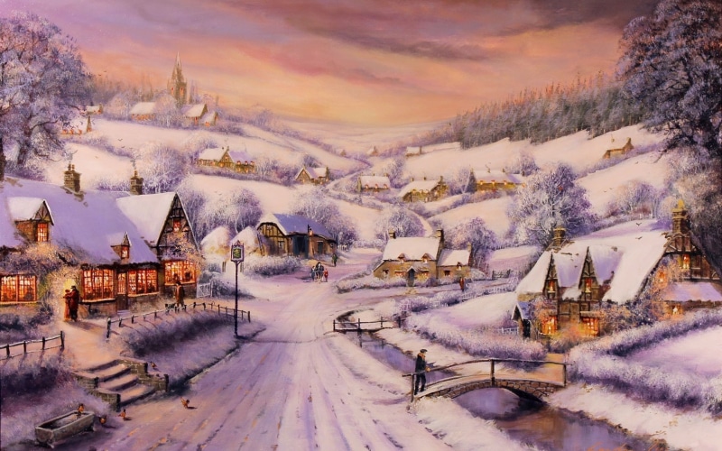 Road, Houses, Snow, Winter, 1080P, Painting, Trees, People