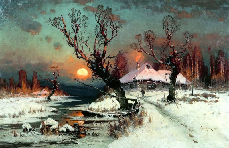 cottage, stream, painting, classic art, Sun, winter, snow, dead trees, 720P