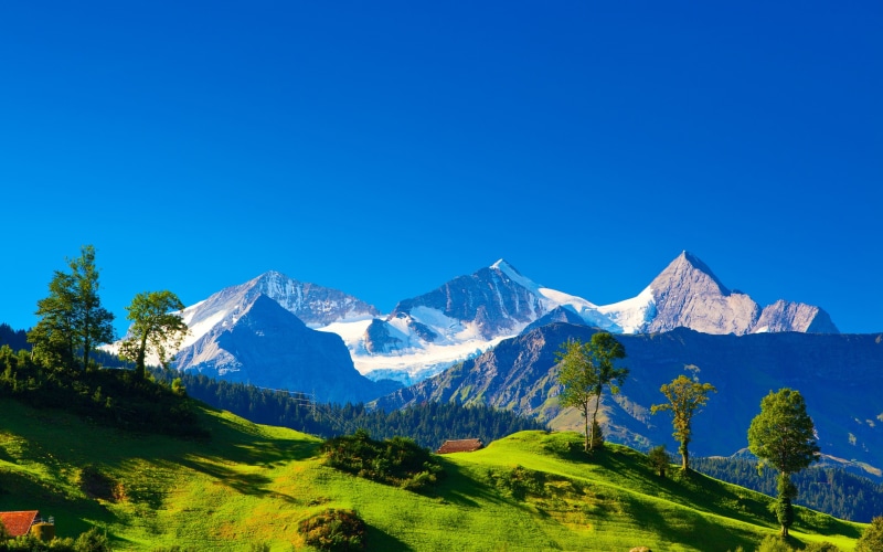 2K, Blue, Alps, Switzerland, Green, Sky, Mountains, Trees, Grass