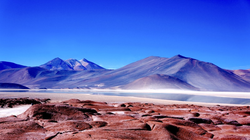 chile, lake, tranquil scene, scenics - nature, nature, mountains, snowcapped mountain, arid climate, salt flat, water, 4K, sand, mountain, environment