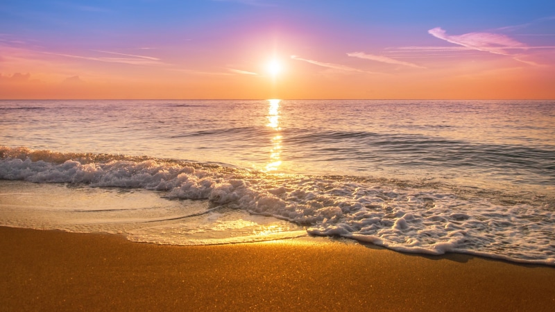 tropical, dominican, caribbean sea, punta cana, foam, ocean, dominican republic, horizon, sunrise, sandy beach, sky, morning, shore, beach, sun, 4K, pink sky