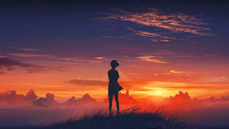 men, grass, red, backgrounds, child, hour, silhouette, Der Wanderer über dem Nebelmeer, adult, tranquil scene, females, freedom, top, anime, real people