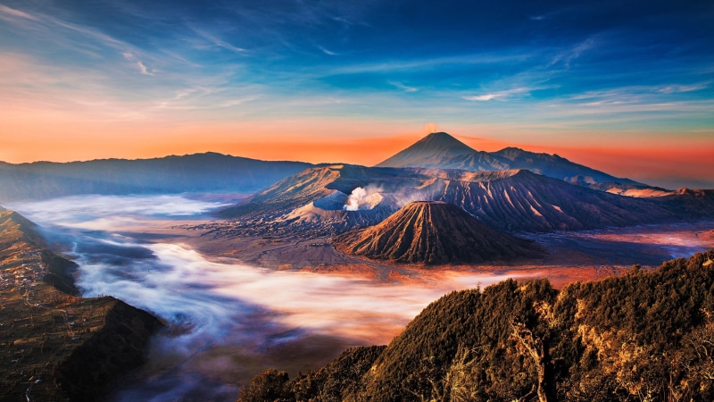 scenics - nature, travel, bromo, sky, no people, cloud - sky, smog, environment, desktop, sunrise - dawn, land, nature, sun, mountain peak, 2K, beauty in nature