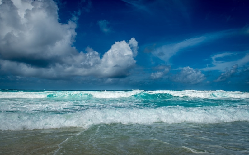 day, waves, sea, island, clouds, summer, sky, landscape, blue, aquatic sport, turquoise colored, cloud - sky, outdoors, water, Seychelles, beach, 1080P